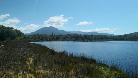 Graceful-geese-on-a-serene-lake,-framed-by-majestic-mountains