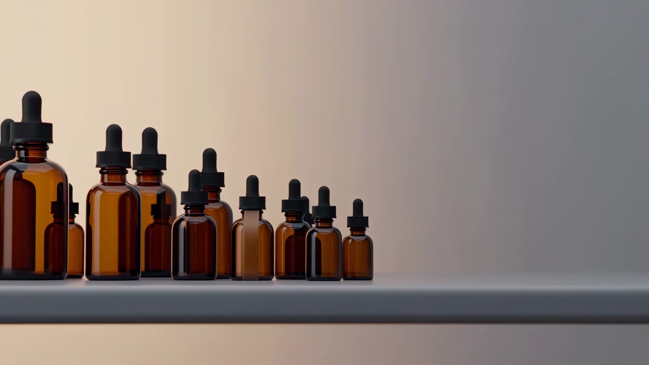 Ravfarvede glasdråbeflasker i forskellige højder står pænt opstillet på en mat hylde med lukkede pipetter, hvilket skaber en ren udstilling af hudplejeprodukter mod en blød neutral gradientbaggrund og blødt lys.