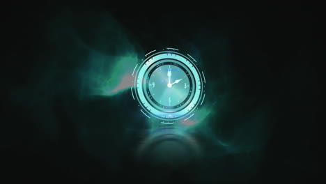 animación del reloj sobre ondas azules en fondo oscuro