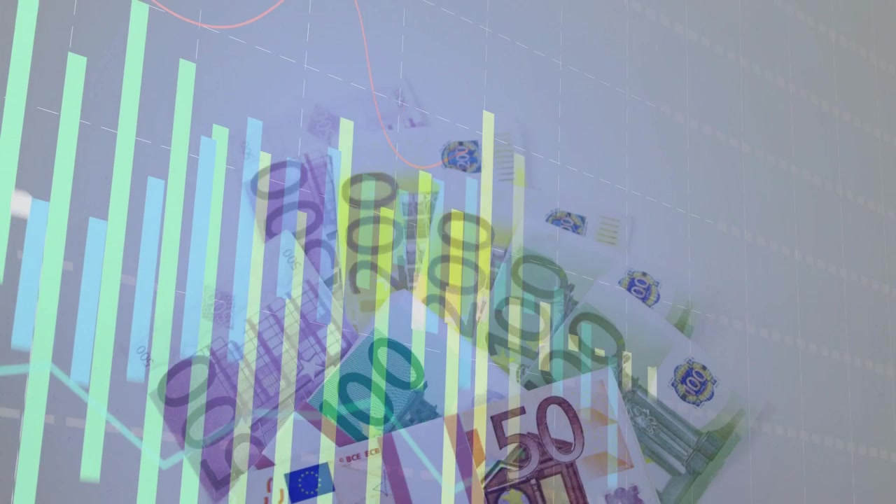 Pylväskaavio liukuu sisään vasemmalta, nousevat palkit peittävät euroseteleiden viuhkan, visualisoiden trendejä.