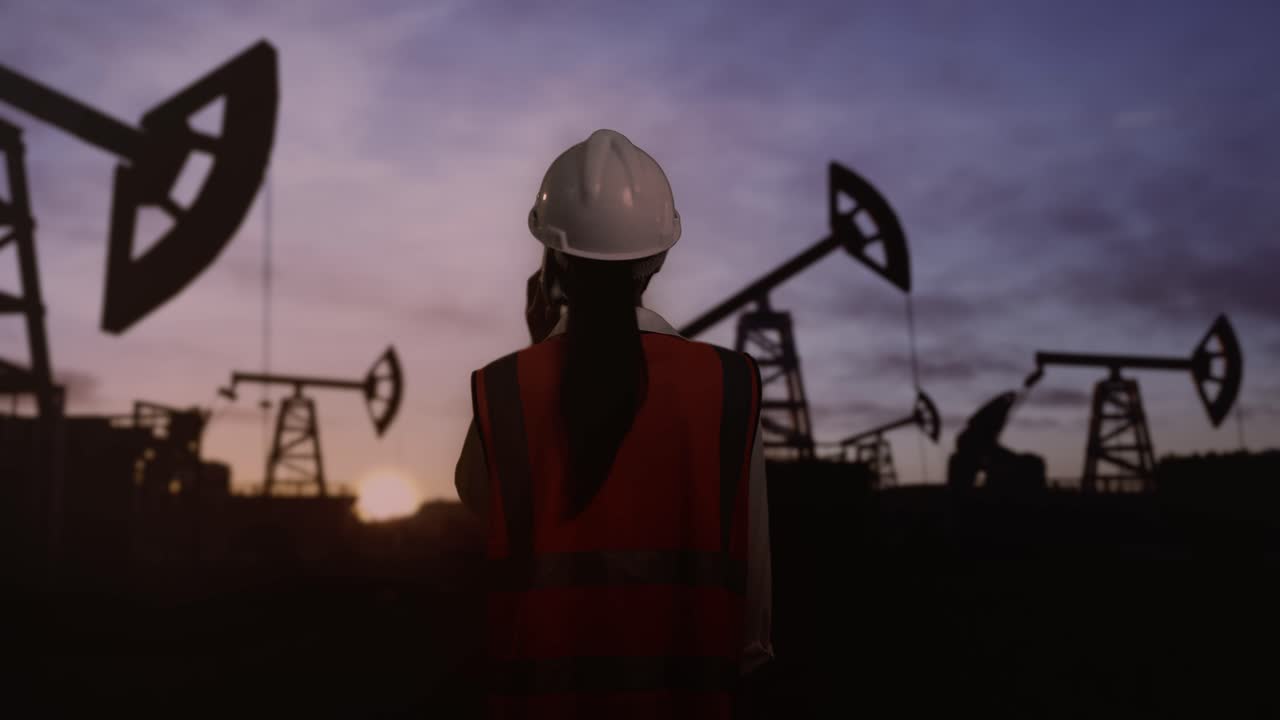 vista trasera de una ingeniera asiática con casco de seguridad hablando en teléfono inteligente inspecciona las bombas de petróleo al amanecer en un gran campo petrolífero