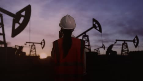 back view of asian female engineer with safety helmet talking on smartphone inspects oil pumps at sunrise in a large oil field