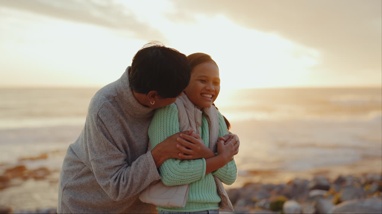Senior grandmother, girl and hug at beach