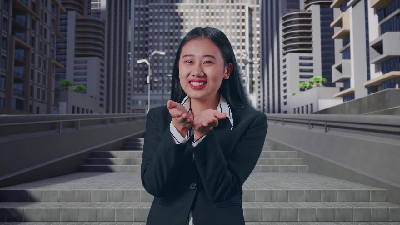 都市でカメラに向かって微笑みながらキスを送っているアジア人ビジネスウーマン。