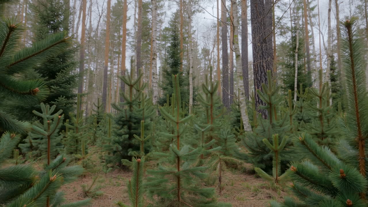 Hutan Anakan Pinus Berkabut Di Bawah Kanopi, Pohon Fir Muda Dan Bibit Spruce Yang Rapat Di Antara Batang Pohon Dewasa Tinggi, Lembut