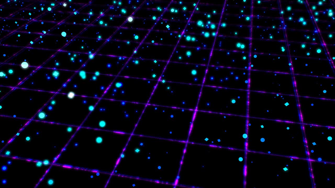 Dynamic Flowing Particle Waves Above Glowing Retro 80s Neon Grid - 4K Seamless Loop Motion Background Animation