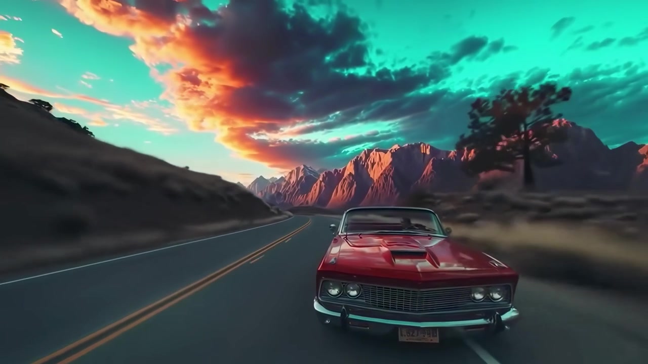 Decappottabile d'epoca rossa che percorre una strada di montagna al tramonto