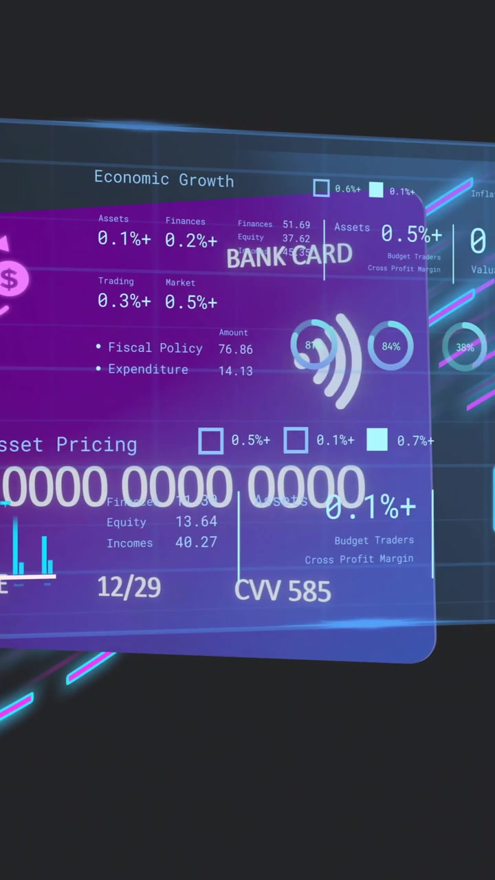 Animation of screen with data and credit card over black background