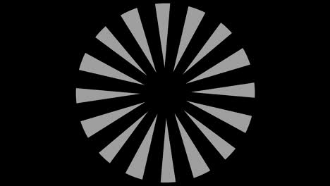 objeto gráfico en blanco y negro con efecto estroboscópico e hipnótico, que gira en el sentido de las agujas del reloj disminuyendo el tamaño de pantalla completa a desaparecer en el centro, en formato de video 16: 9