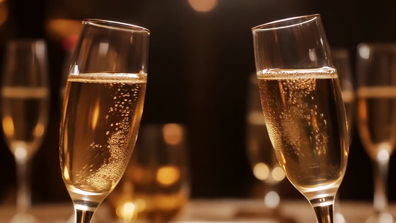 Tilting two champagne flutes clinking at bar table, revealing glowing Happy Valentine's Day script