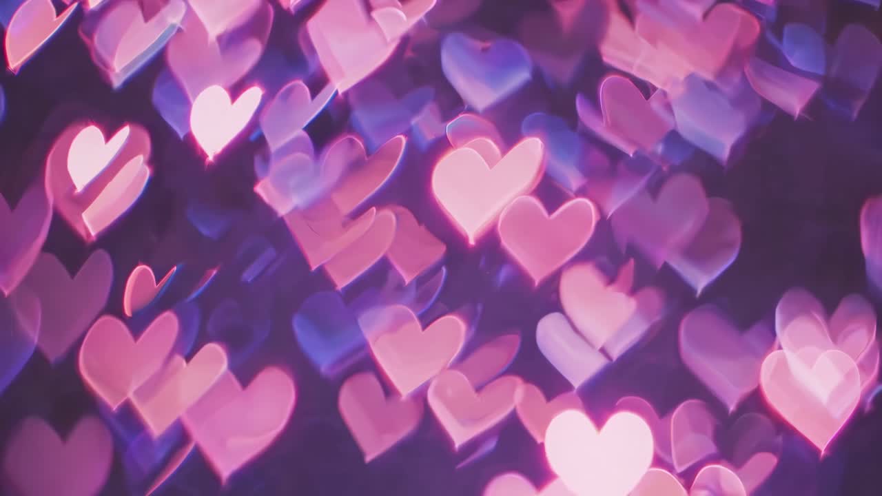 Blurred heart-shaped bokeh lights in pink and purple create a dreamy, romantic video effect