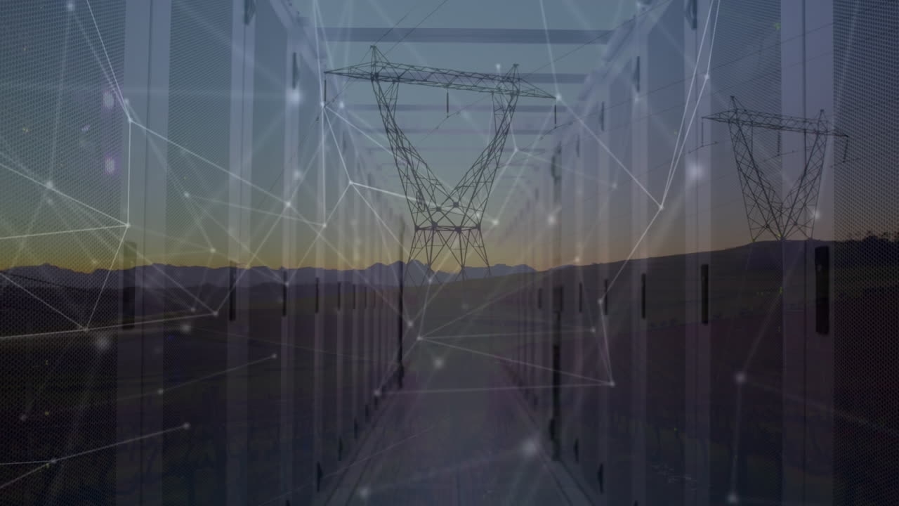 animación del globo girando sobre las conexiones y los postes de electricidad al atardecer
