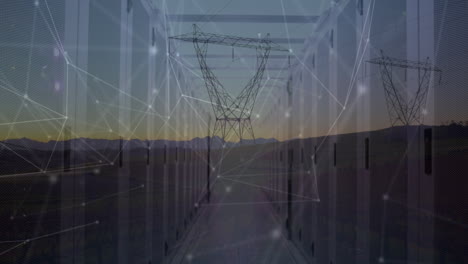 animation of globe rotating over connections and electricity poles at sunset