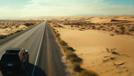 SUV Driving on a Long Road Through Desert Sand Dunes