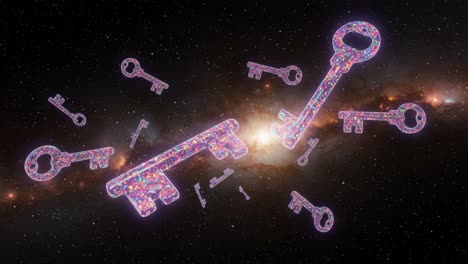 a captivating journey of keys floating in cosmic space: exploring the mysteries of the universe through colorful symbolism and abstract imagery