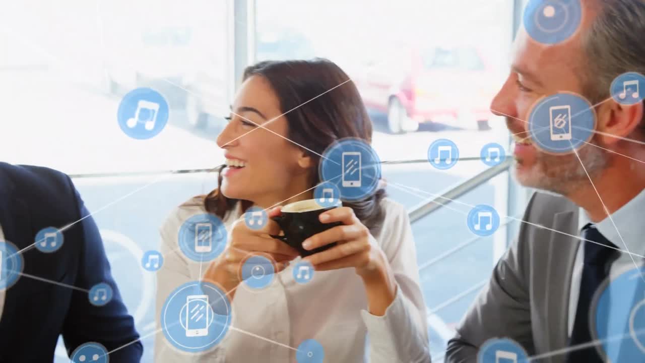 다양한 사업가들이 함께 아침 식사를 하는 디지털 아이콘 네트워크의 애니메이션