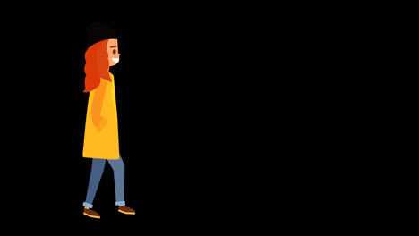 beautiful animation of a young girl with red hair, black hat and yellow coat walking, alpha channel included