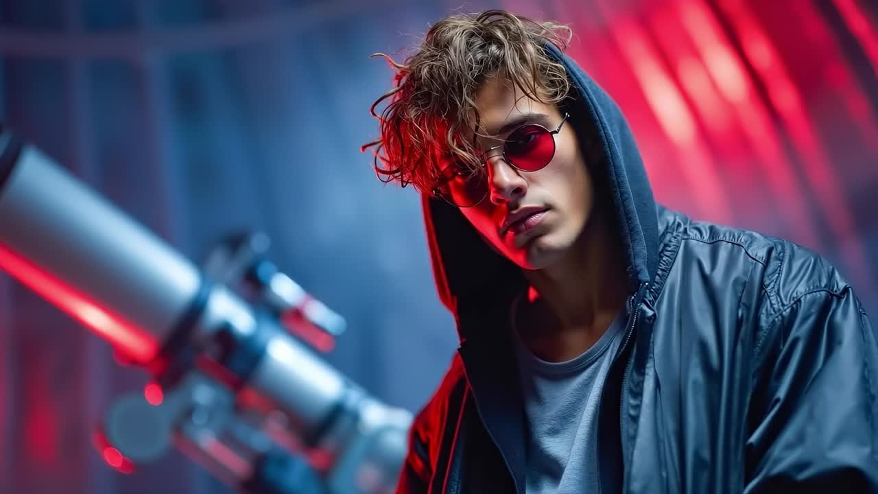 A man in a black jacket and sunglasses looking through a telescope