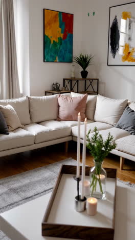 cozy and modern living room interior with white sofa and decor