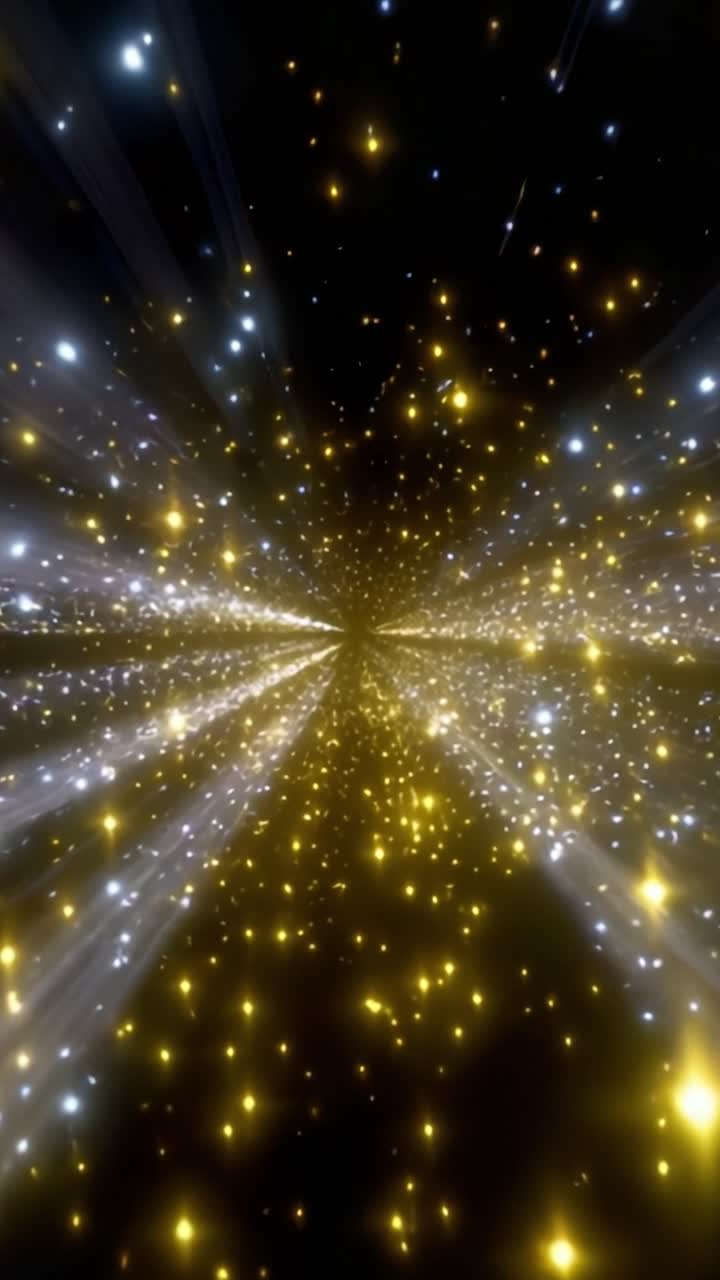 Un viaggio affascinante attraverso un tunnel cosmico pieno di stelle scintillanti e raggi di luce vibranti, creando un'incantevole esperienza visiva della bellezza dell'universo.