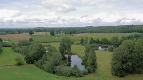 pueblo gótico con prados y estanques en verdes colinas ondulantes en piaszno, norte de polonia - tiro amplio