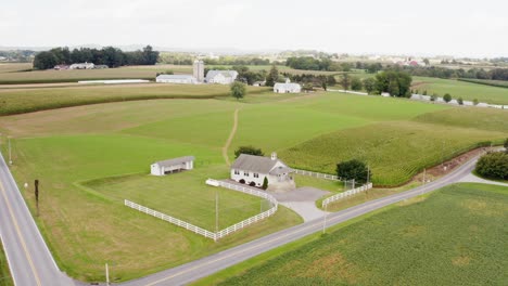 aerial establishing shot of amish one room schoolhouse in rural usa