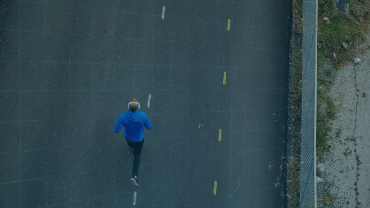 Animation of 6g text, circuit board elements and scope scanning over jogger in city