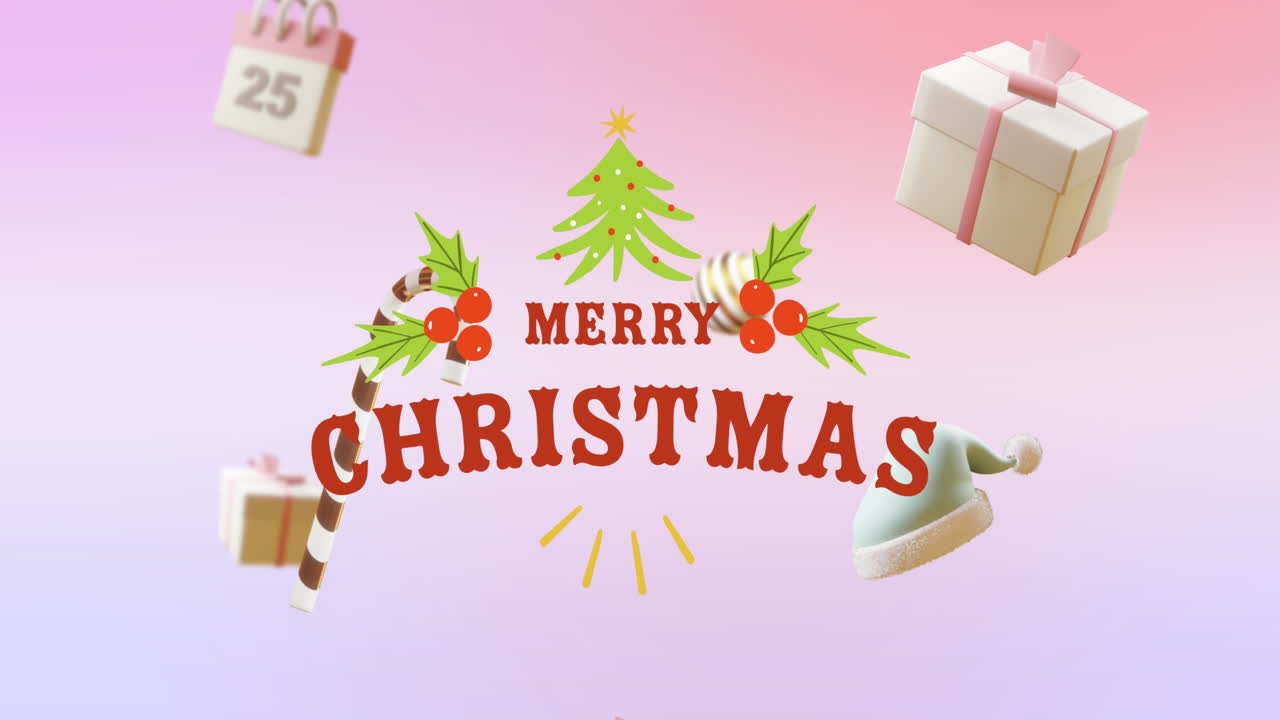 핑크색 배경에 달력과 크리스마스 장식 위에 크리스마스 축하 문자의 애니메이션