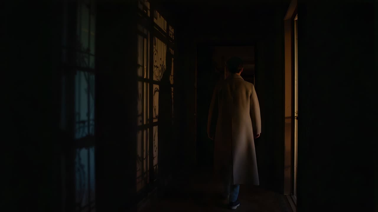 Walking man in long coat entering from left, moving down narrow corridor with glass panels