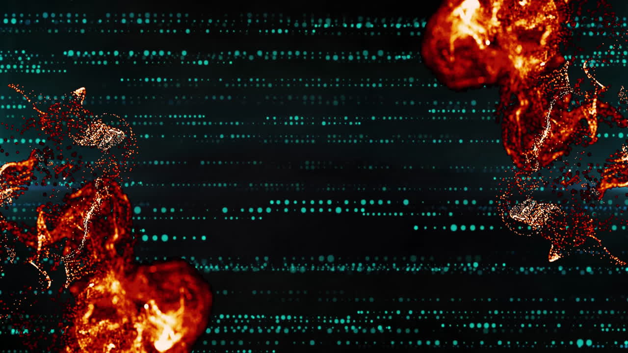 Turquoise-green dots streaming over dark field, with red and orange particles swirling in 3D render