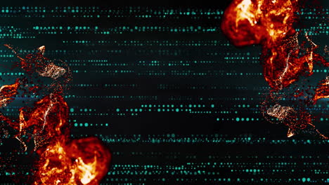 turquoise-green dots streaming over dark field, with red and orange particles swirling in 3d render