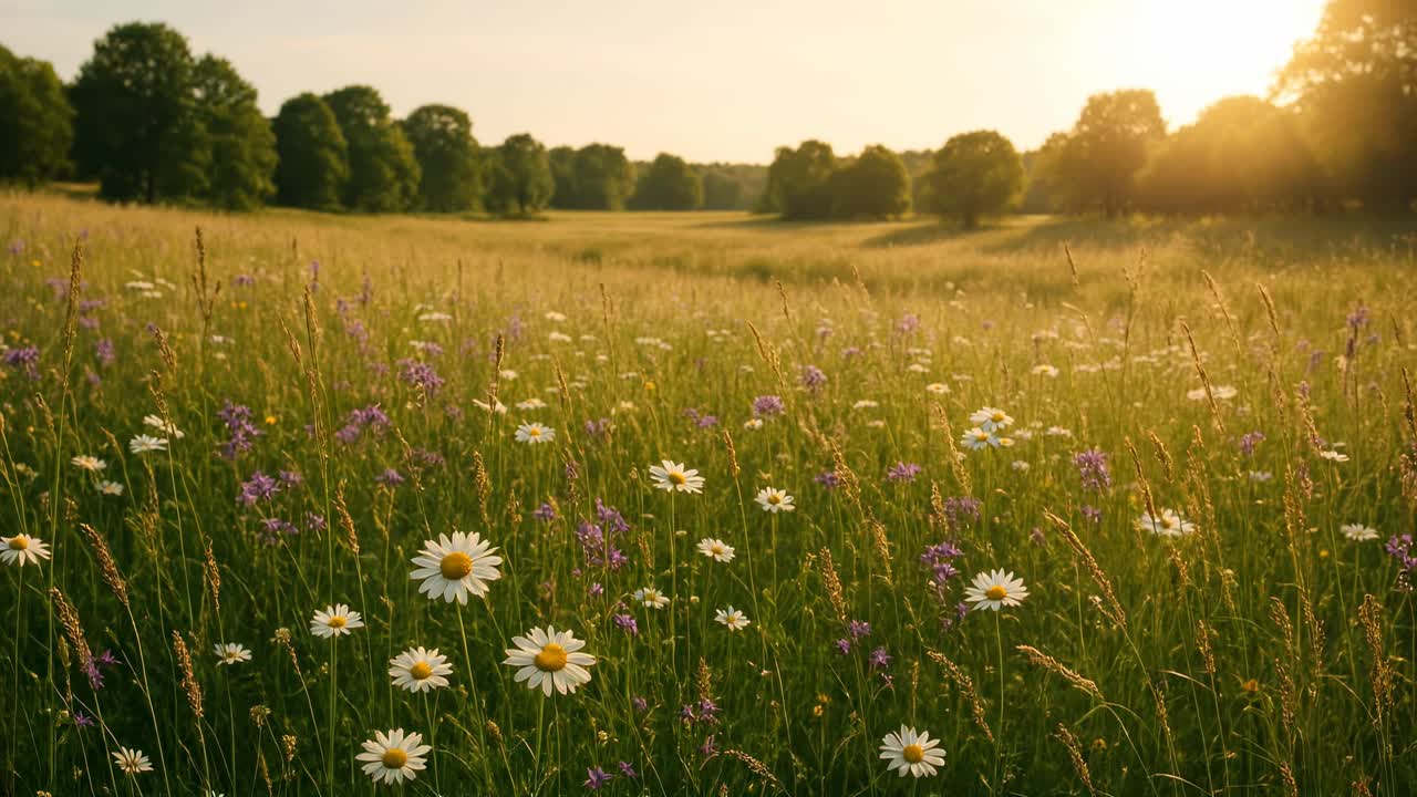 A serene landscape video captures a field of wildflowers at sunset