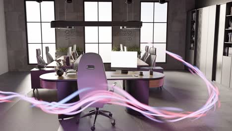 modern office laptop desktop with energy flow in 3d rendering animation meeting conference business company co working space team of entrepreneurs