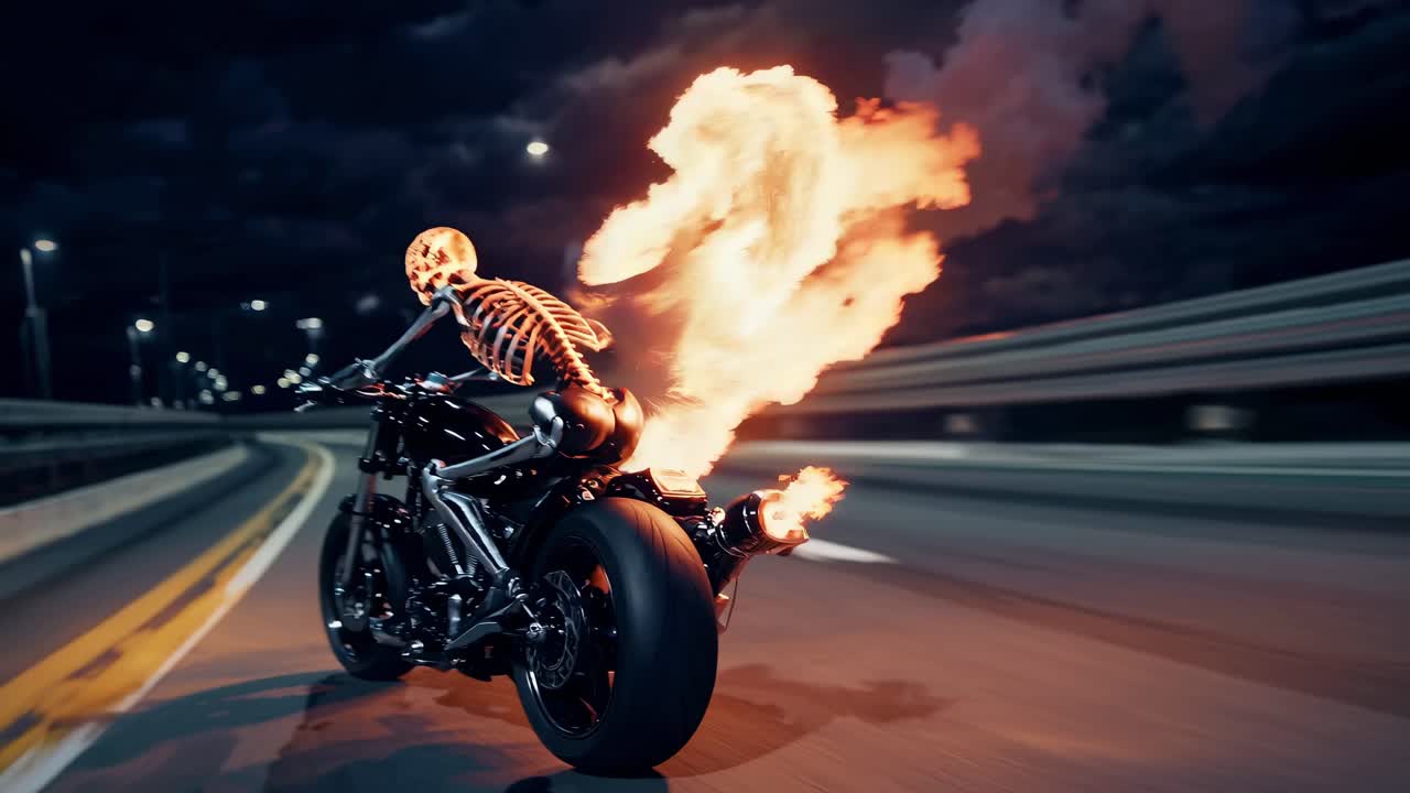 Skeleton riding a flaming motorcycle at night on a highway, embodying a thrilling blend of speed, danger, and supernatural energy while leaving a blazing trail in its wake