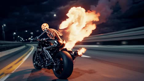 skeleton riding a flaming motorcycle at night on a highway, embodying a thrilling blend of speed, danger, and supernatural energy while leaving a blazing trail in its wake