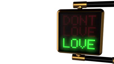 looped animated background: 3d old-style golden street traffic light with alternately changing the words "dont love/ love" red and green color on the black pixels. 4k. seamless loop. alpha matte.