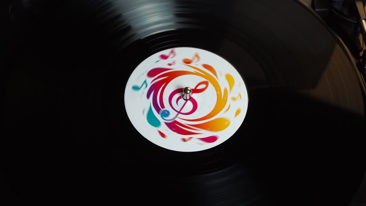 Finalizando a reprodução em um disco de vinil de longa duração com sinal de clave de sol, áudio analógico em close-up