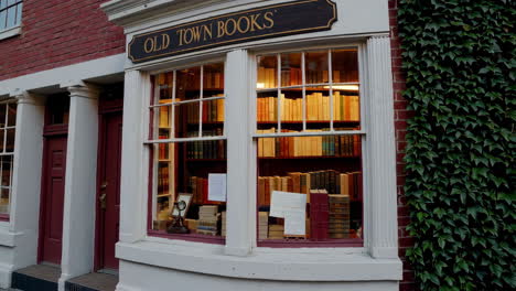 window display of an old town bookstore with vintage books