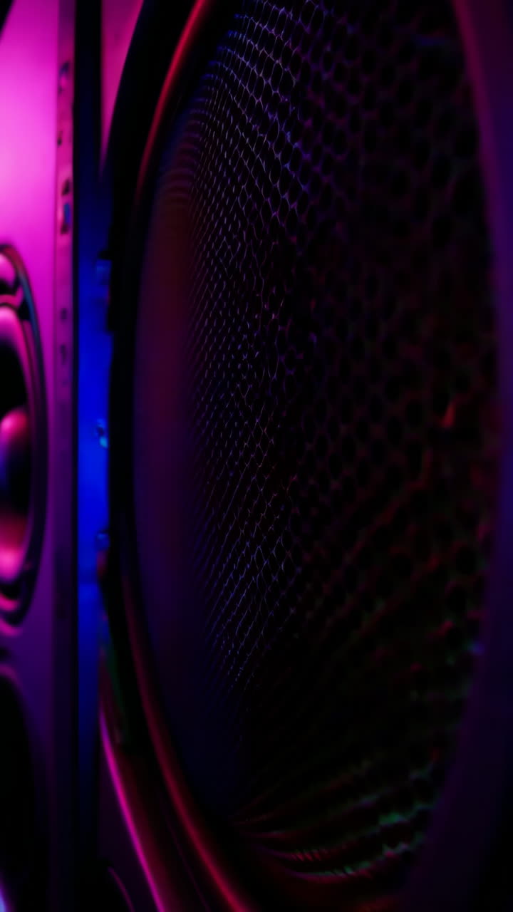 Primo piano di altoparlanti luminosi con luce viola