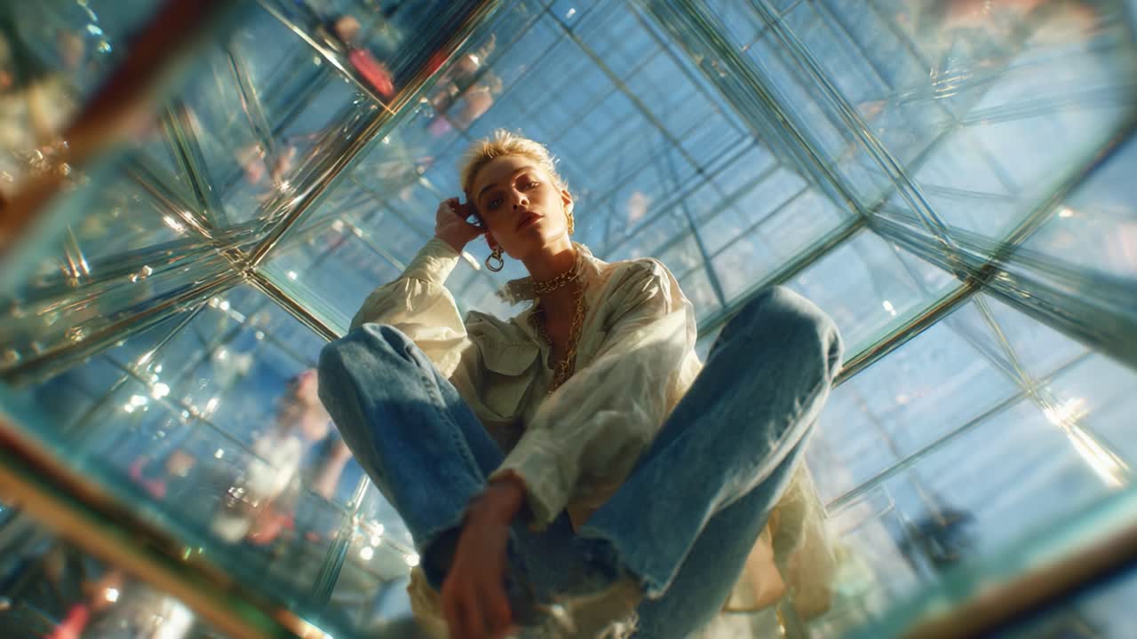 A Stylish Portrait of a Woman Posing Thoughtfully Inside a Transparent Glass Cube, Highlighting Modern Fashion and Artistic Expression Amidst a Captivating Urban Environment