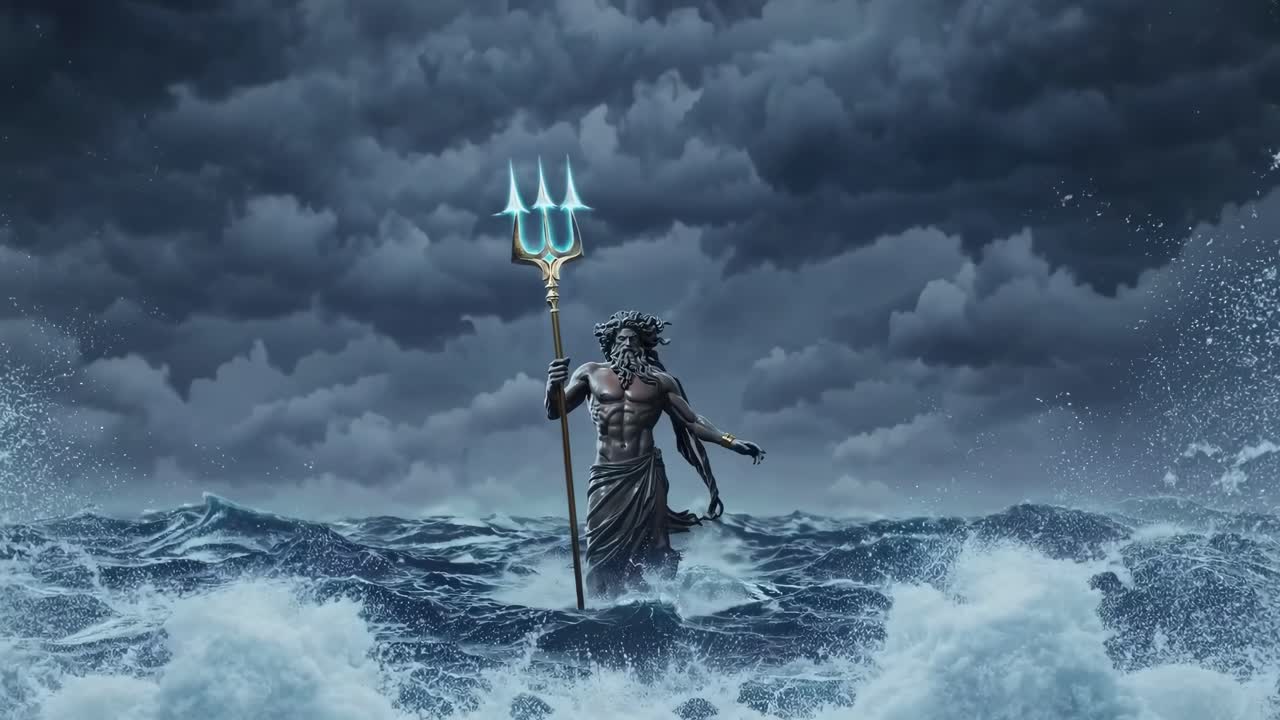 Dramatic low-angle shot of a mythical sea god with a glowing trident, standing amidst turbulent