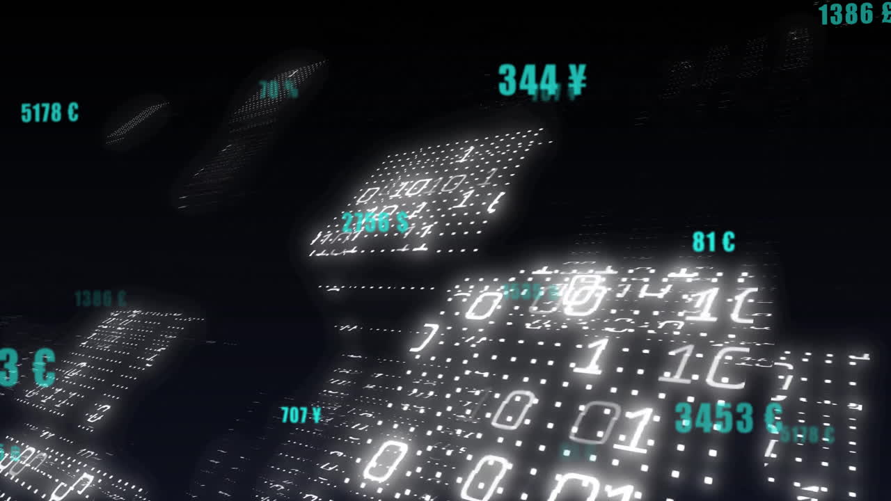 Binary code and financial data animation over digital currency symbols