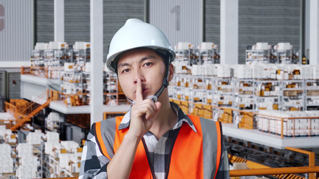 배달 상품으로 가득 찬 선반과 함께 창고에 서있는 동안 안전 헬을 착용한 아시아 남성 엔지니어의 클로즈업