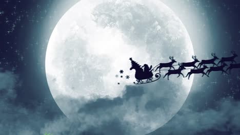 green tree branches over santa claus in sleigh being pulled by reindeers against moon in night sky