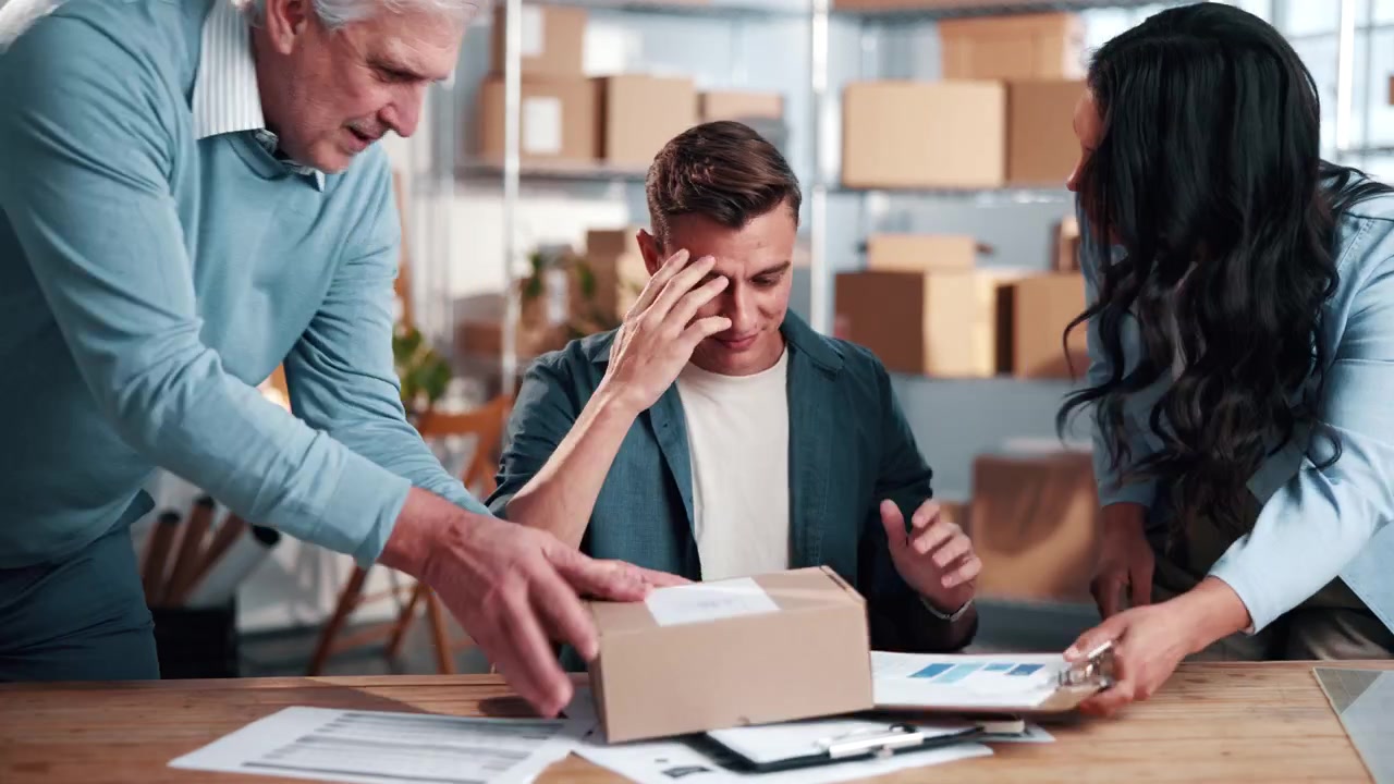 Proprietário de empresa sobrecarregado gerenciando logística e papelada com a equipe