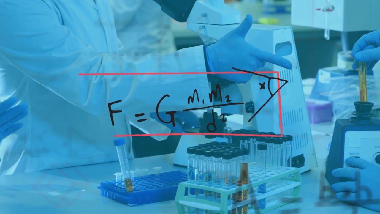 To laboratorieansatte sænker et gult rør ned i en hvirvel, hvilket får røde formler til at animere under pipettering.
