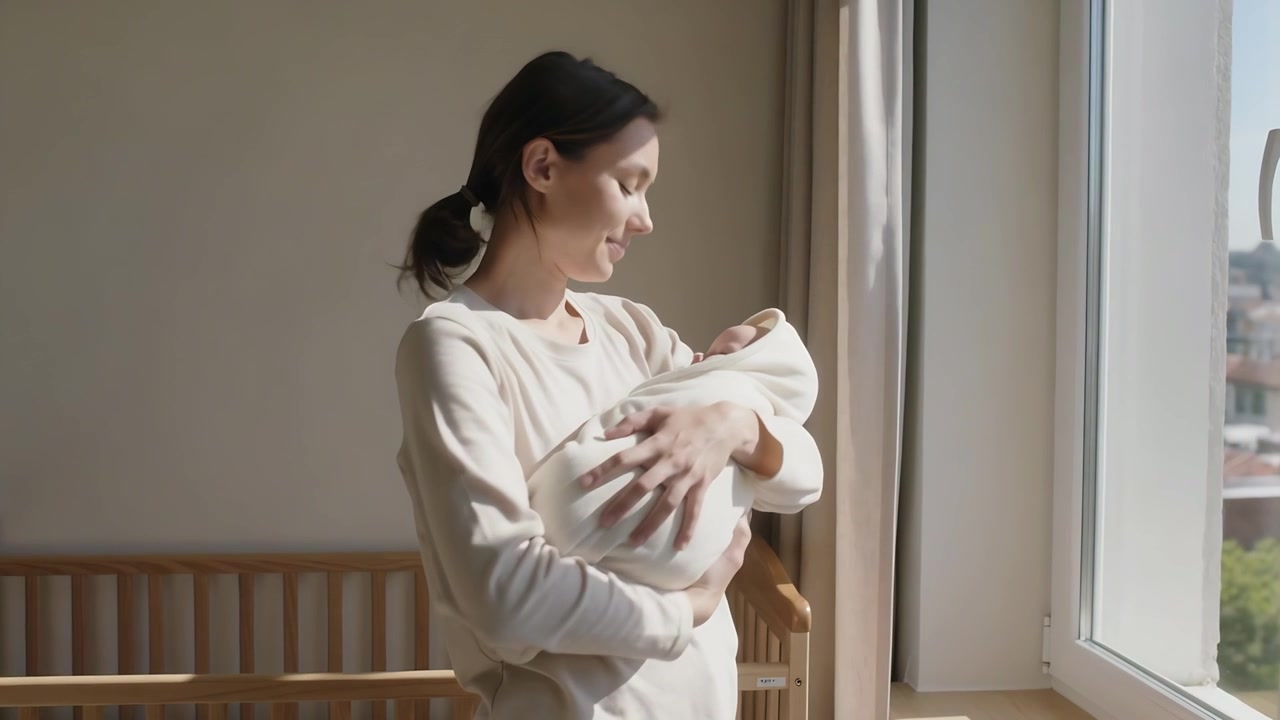 Madre in tuta che risponde al bambino che si muove, cullando un neonato fasciato vicino a una culla di legno e una finestra.