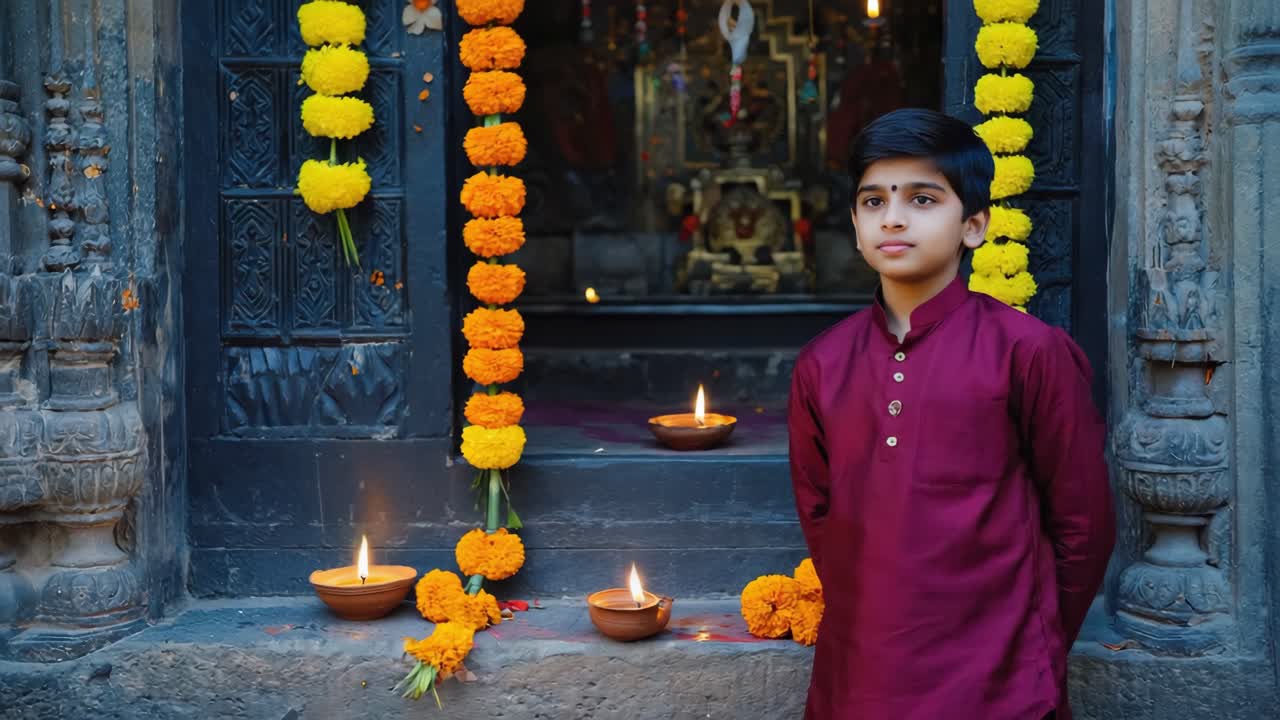 Young male child in white kurta standing with clasped hands behind back near ornate temple entrance, surrounded by glowing oil lamps and floral decorations during festive celebration