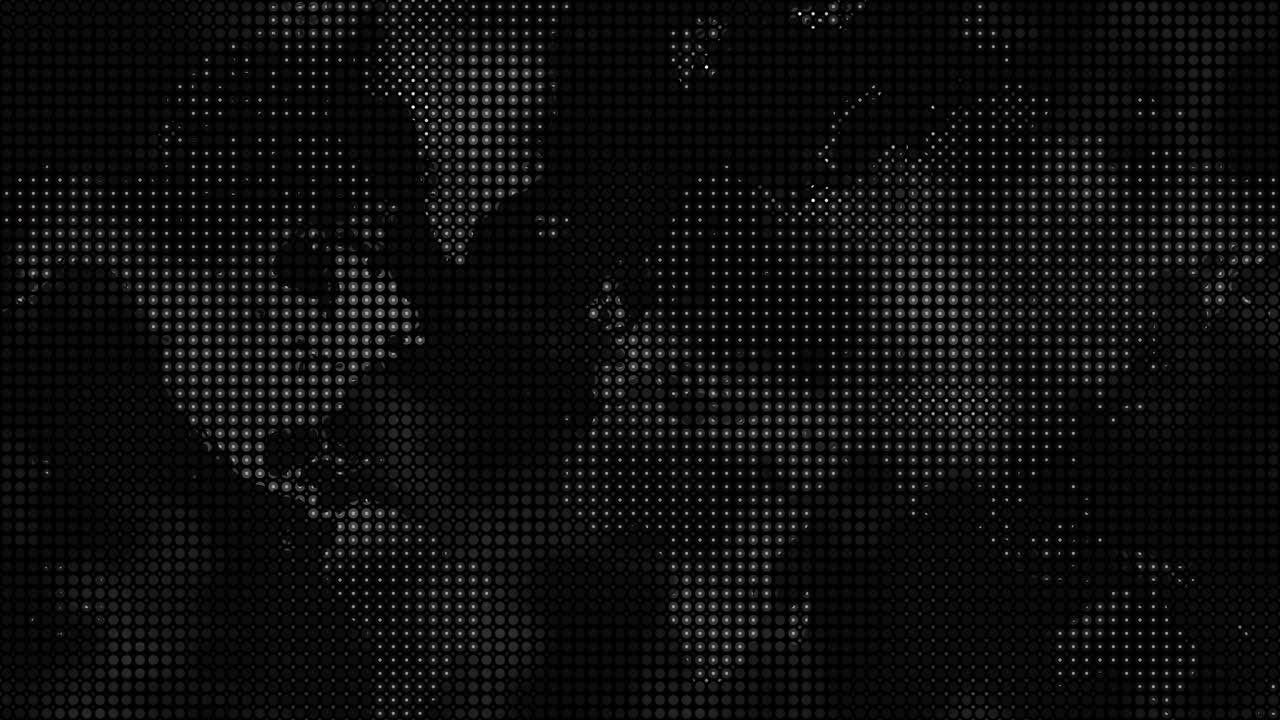 Loopable black and white world map featuring a grid and fractal patterns, ideal for overlays and modern digital designs