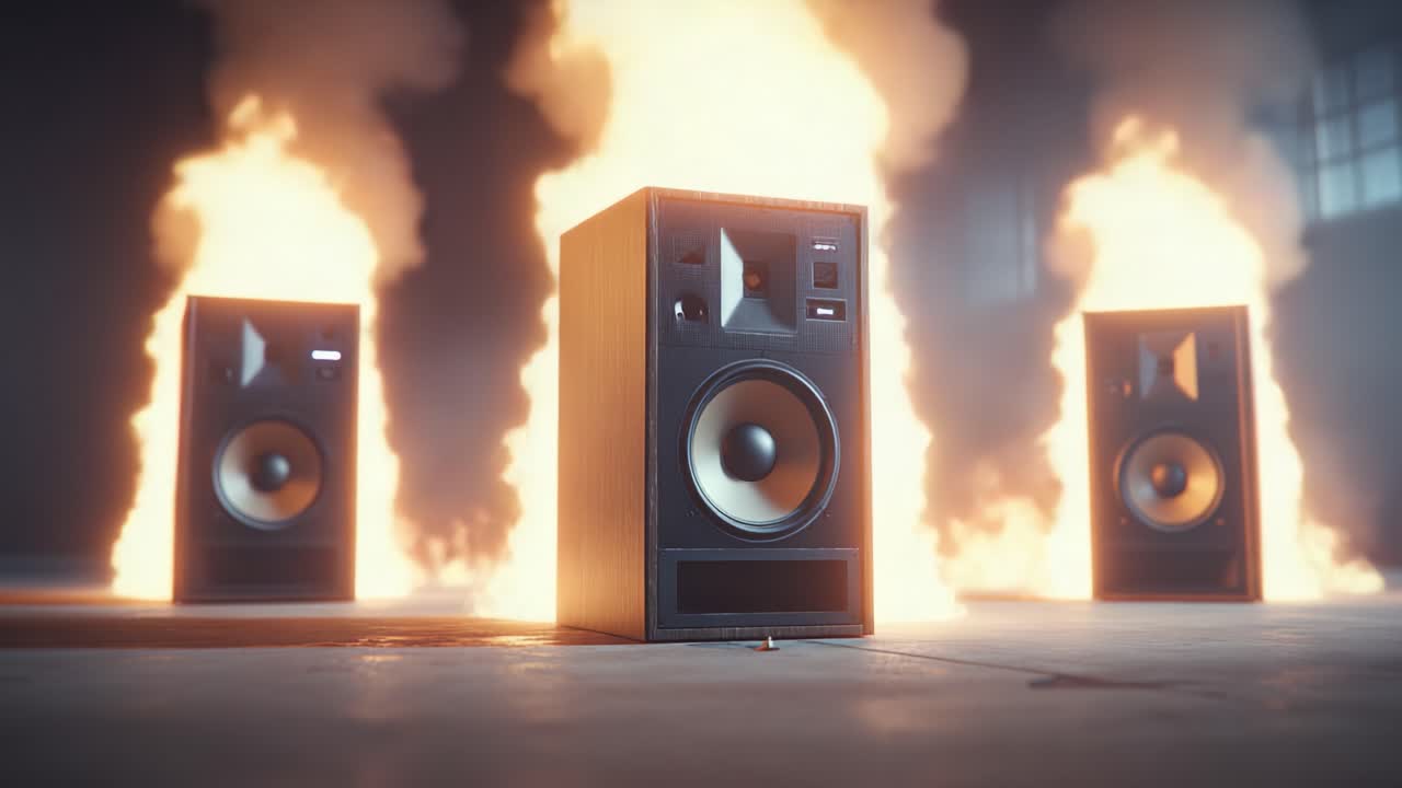 Fiery Soundscape: A Stunning Visual of Vintage Speakers Surrounded by Flames, Capturing the Energy and Intensity of a Musical Revolution in a Dazzling Scene